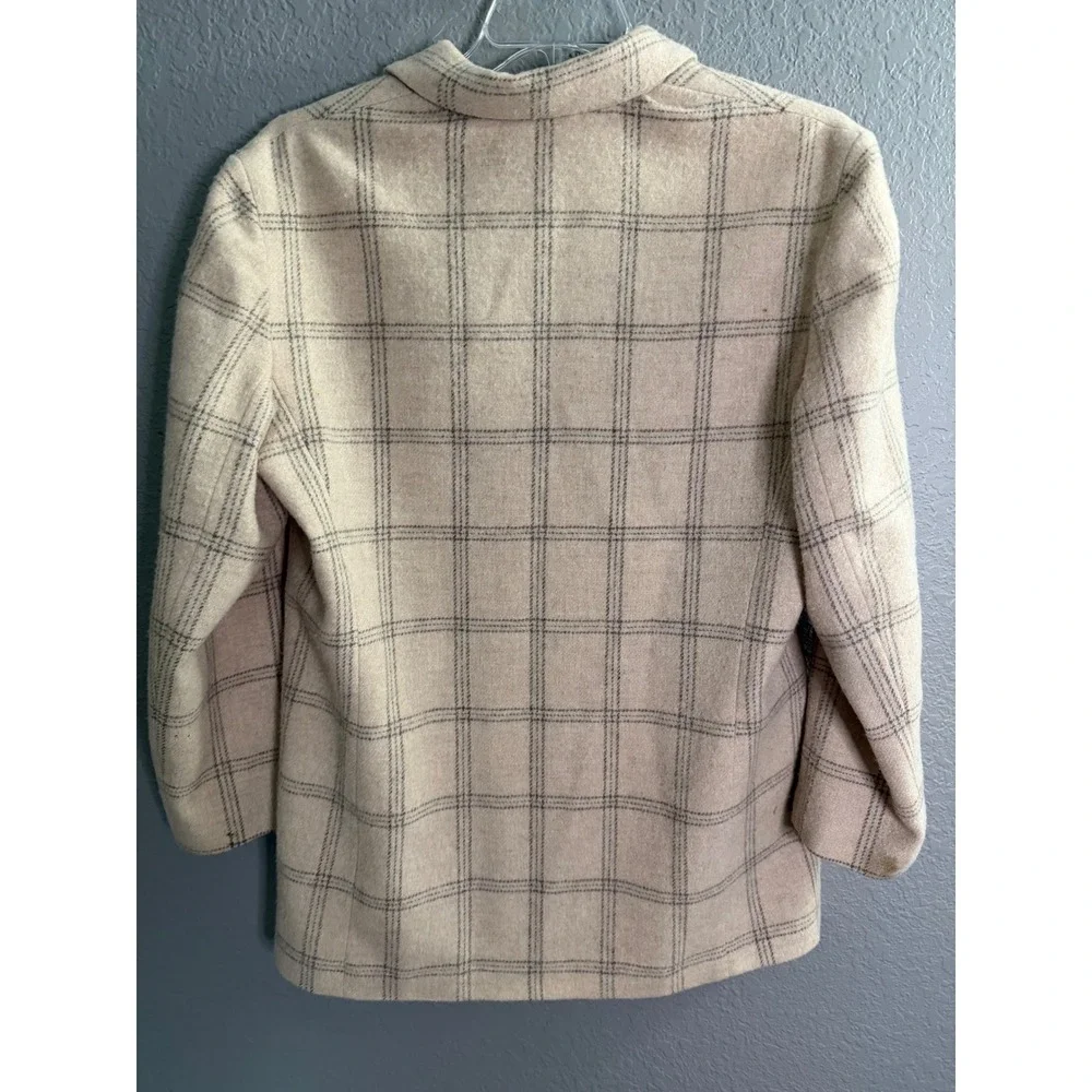VTG Lands End Blazer 100% Wool Plaid SZ 14 Jacket Tan‎ 90's USA Soft Tailored